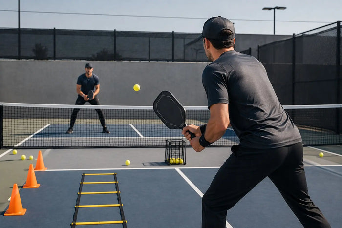 Deux joueurs réalisant des exercices d’entraînement au pickleball avec cônes, balles et échelle d’agilité sur un terrain extérieur.