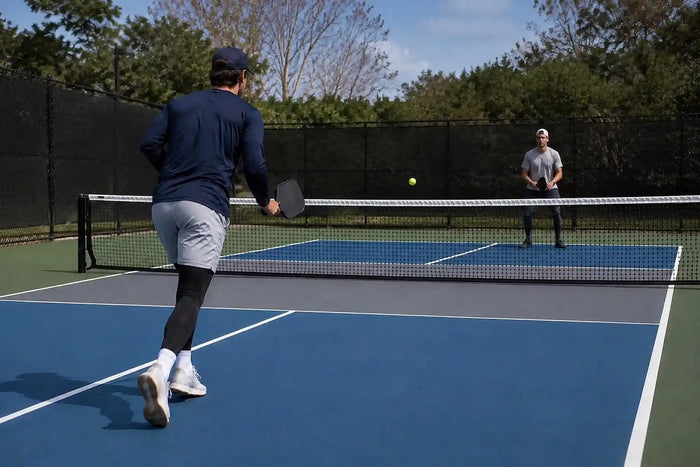Homme avançant vers la cuisine après avoir servi au pickleball pendant un échange.
