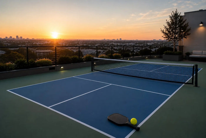 Terrain de pickleball moderne au coucher du soleil avec une raquette et une balle au premier plan, symbolisant l'avenir et le développement du pickleball.