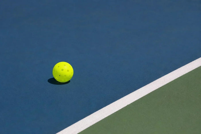 Balle de pickleball posée sur un terrain de pickleball.