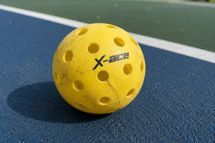 Balle de pickleball X-ACE jaune usée avec fissure visible sur un terrain extérieur de pickleball.
