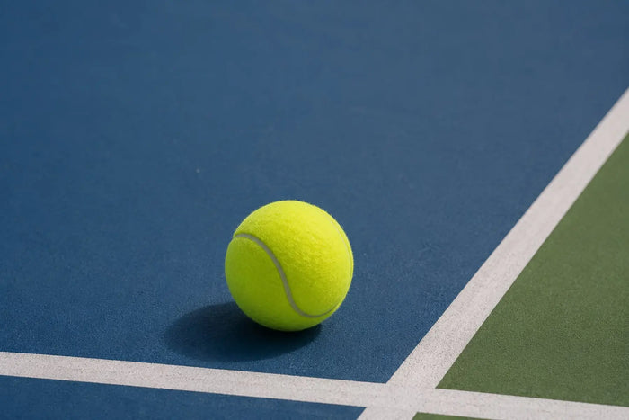 Balle de tennis posée sur un terrain de pickleball en extérieur, illustrant la question de savoir si une balle de tennis peut être utilisée pour jouer au pickleball.