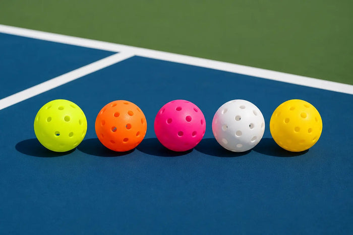 Balles de pickleball de différentes couleurs posées sur un terrain de pickleball.