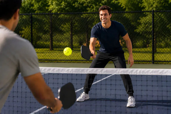 Joueur de pickleball souriant en pleine action sur un terrain extérieur