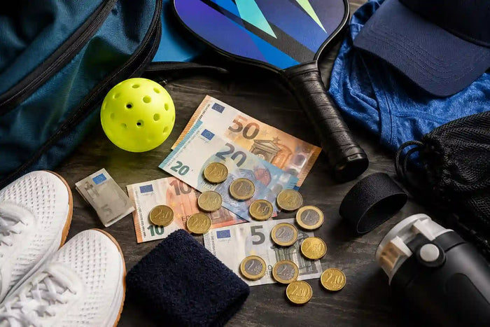Raquette, balle et accessoires de pickleball disposés autour de billets et de pièces en euros pour illustrer le budget nécessaire à la pratique du pickleball.