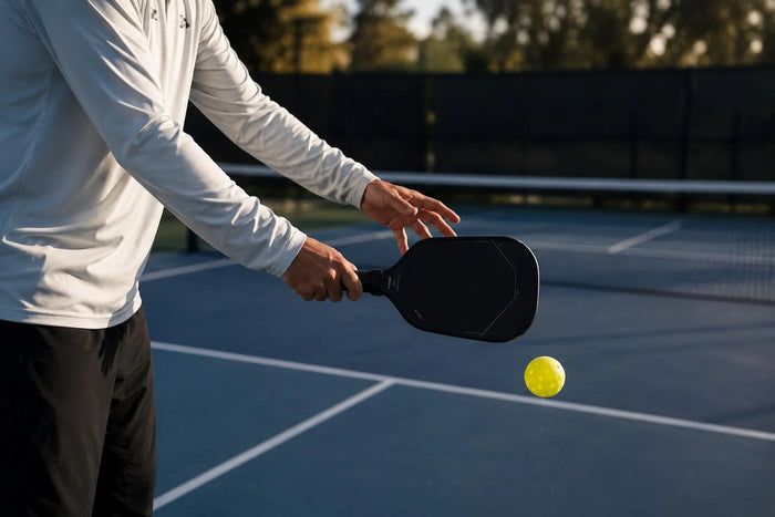 Joueur de pickleball réalisant un drop serve en laissant rebondir la balle avant de servir sur un terrain extérieur.
