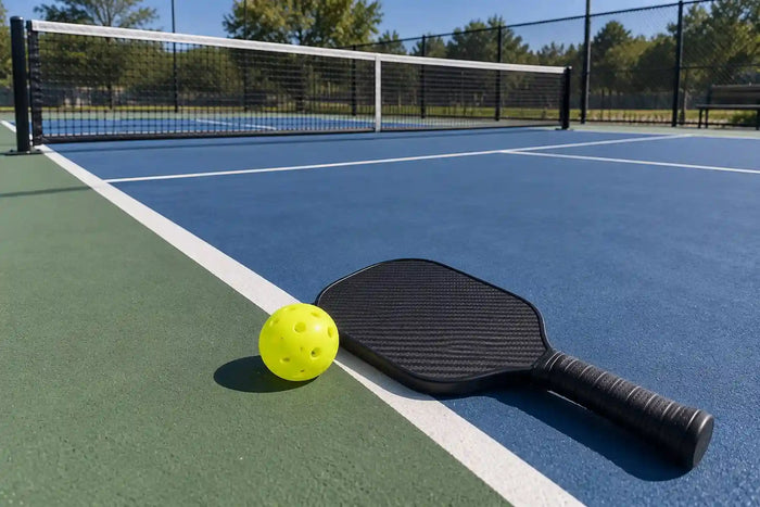 Raquette de pickleball en carbone T700 posée sur un terrain de pickleball avec une balle jaune.