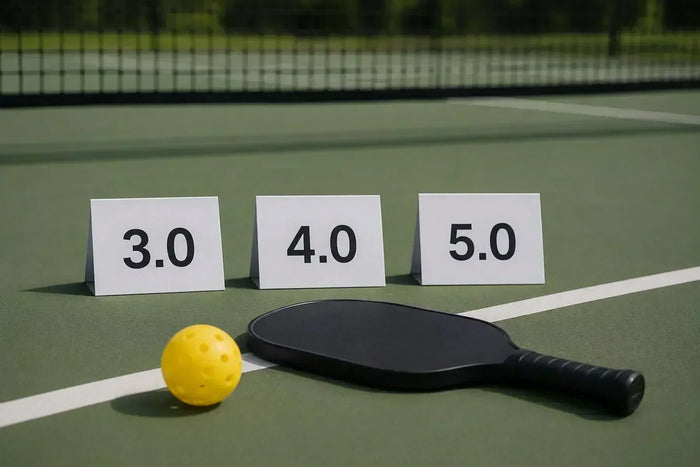 Catégories 3.0, 4.0 et 5.0 en tournoi de pickleball avec une raquette et une balle
