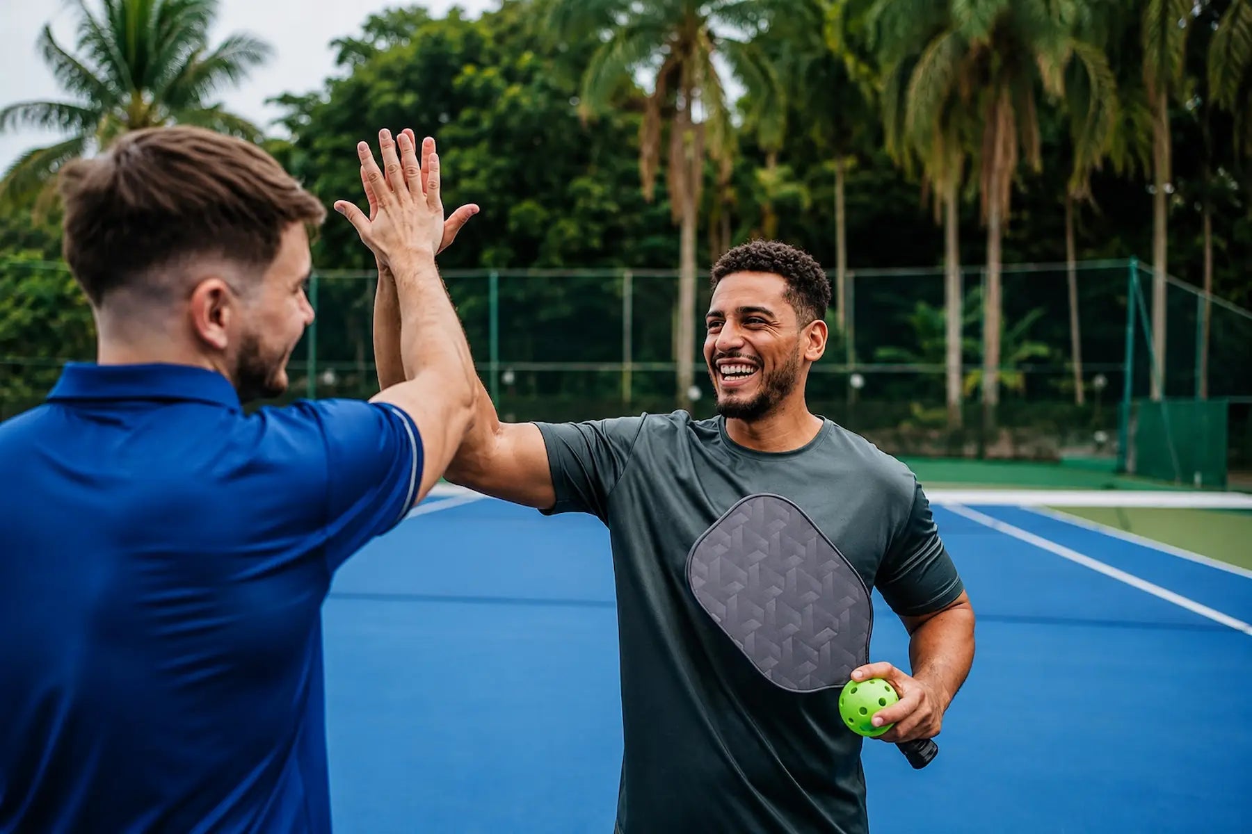 Deux joueurs de pickleball se félicitent après un échange réussi sur un terrain extérieur.
