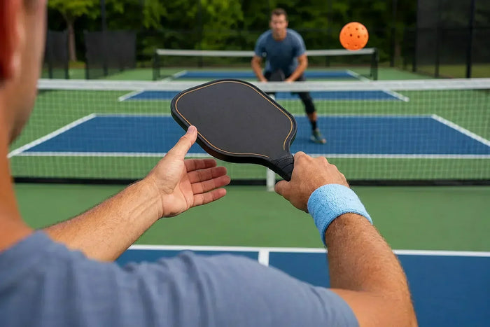 Joueur de pickleball transférant sa raquette de la main gauche vers la main droite pendant un échange sur un terrain extérieur.