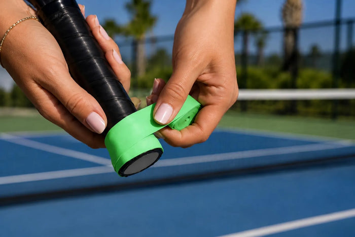 Joueuse de pickleball en train de poser un nouveau grip vert sur le manche de sa raquette sur un terrain extérieur.