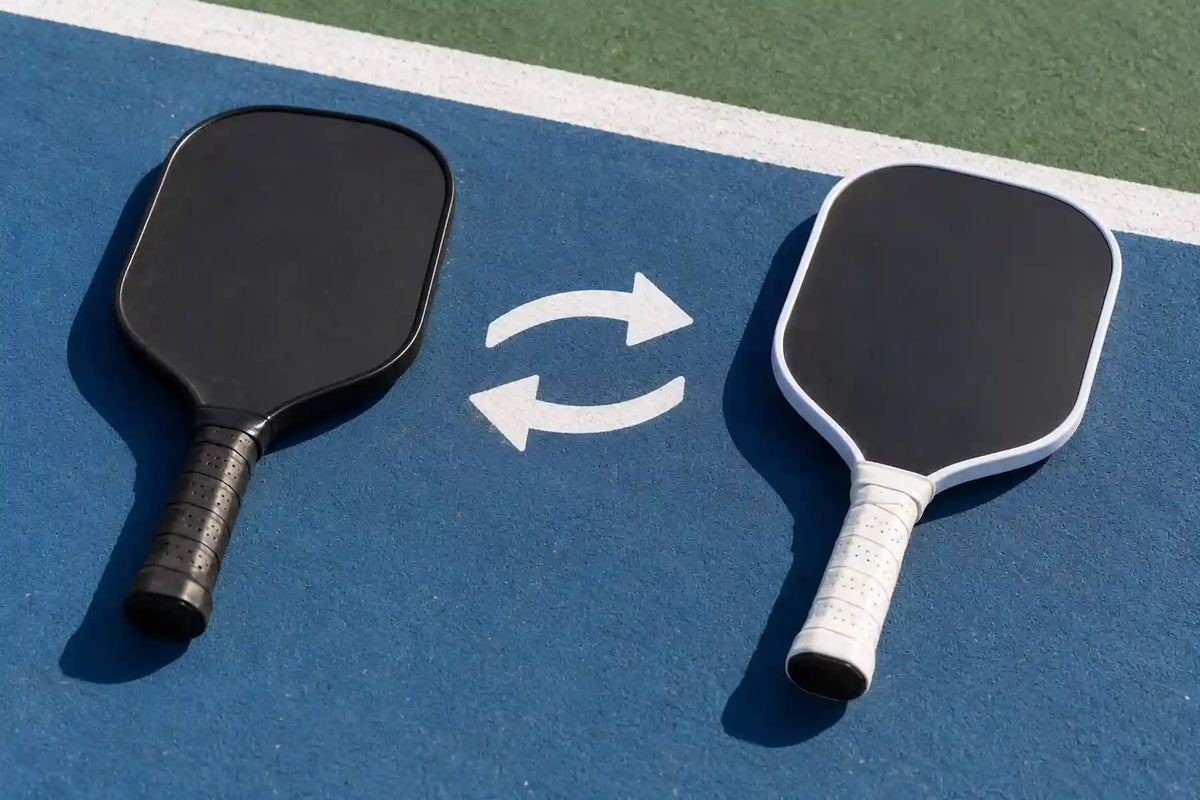 Deux raquettes de pickleball posées sur un terrain bleu, l’une noire et l’autre avec un manche blanc, avec des flèches symbolisant un changement de raquette pendant un match.