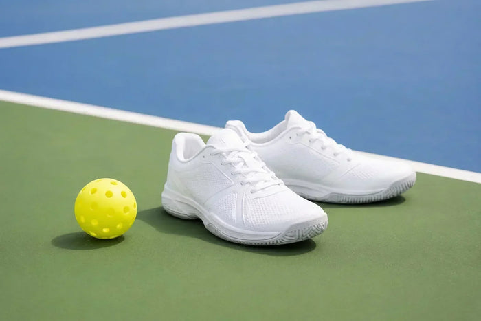 Paire de chaussures adaptées au pickleball posée sur un terrain, à côté d'une balle de pickleball.