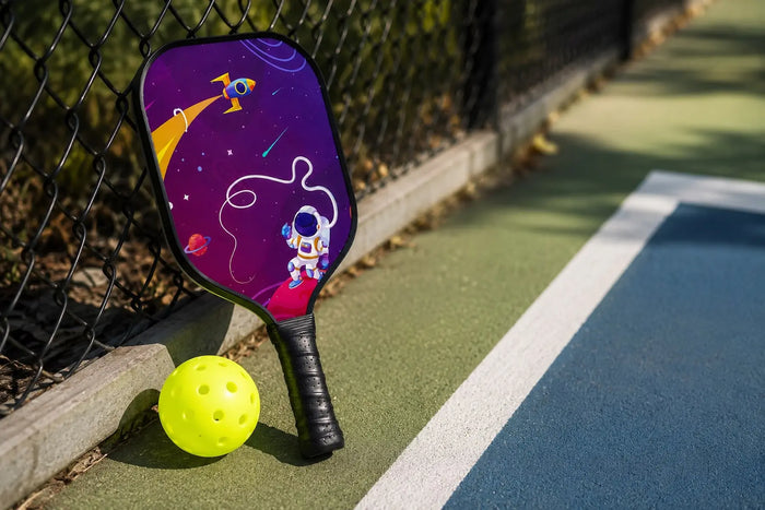 Raquette de pickleball pour enfant posée contre un grillage à côté d'une balle sur un terrain de pickleball, illustrant le choix d'une raquette adaptée aux jeunes joueurs.