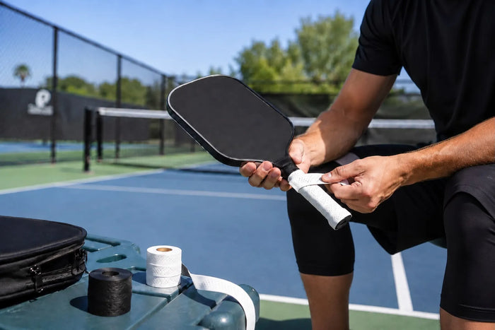 Joueur en train de changer le grip de sa raquette de pickleball sur un terrain extérieur avant une partie.