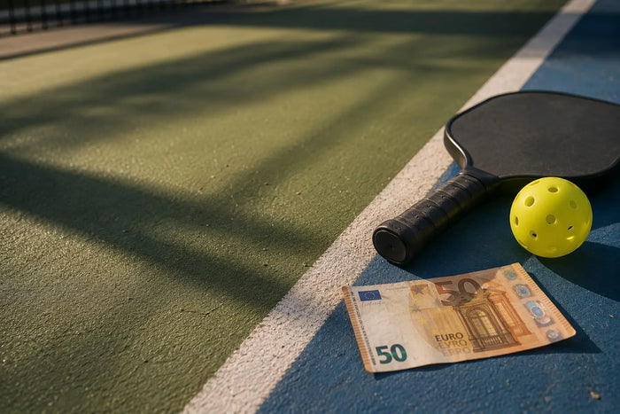 Terrain de pickleball avec une raquette noire, une balle et un billet de 50 euros illustrant le coût d’un terrain de pickleball.