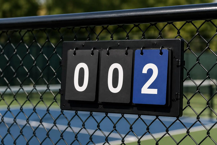 Tableau d'affichage d'un terrain de pickleball indiquant le score 0-0-2 en arrière-plan d'un court, sans joueurs.