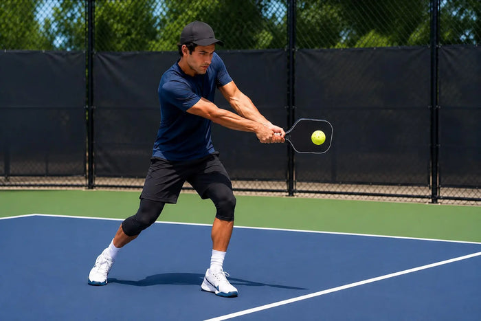Joueur réalisant un revers à deux mains au pickleball sur un terrain extérieur.