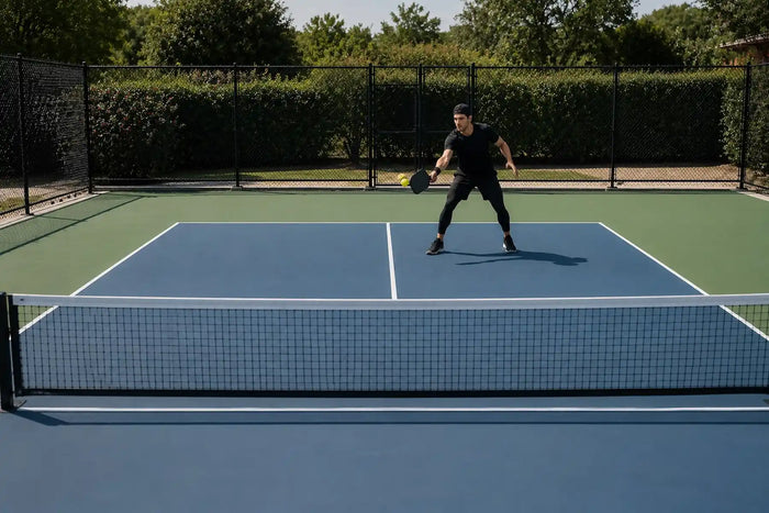 Joueur réalisant une volée au pickleball près du filet sur un terrain extérieur.