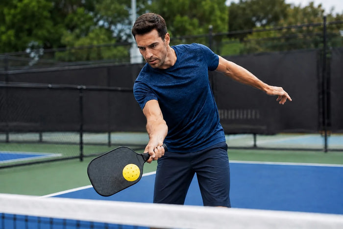 Joueur réalisant un coup avec topspin au pickleball sur un terrain extérieur
