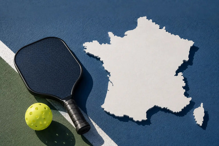 Raquette et balle de pickleball sur un terrain avec une carte de la France en illustration, représentant le pickleball en France.