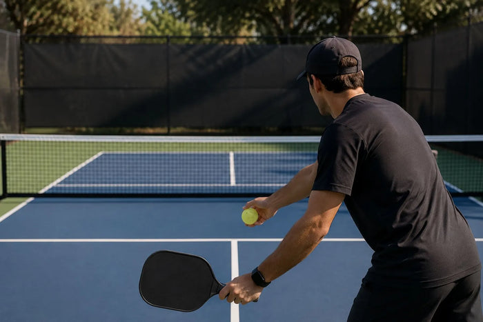 Homme réalisant un service profond au pickleball depuis derrière la ligne de fond.