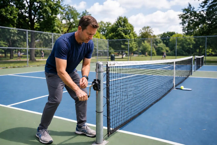 Joueur ajustant la tension d’un filet de pickleball sur un terrain