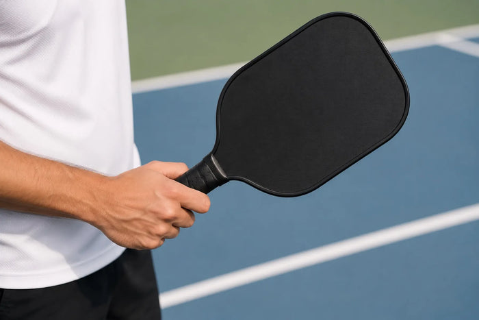 Joueur tenant correctement une raquette de pickleball avec une prise adaptée sur un terrain de pickleball.