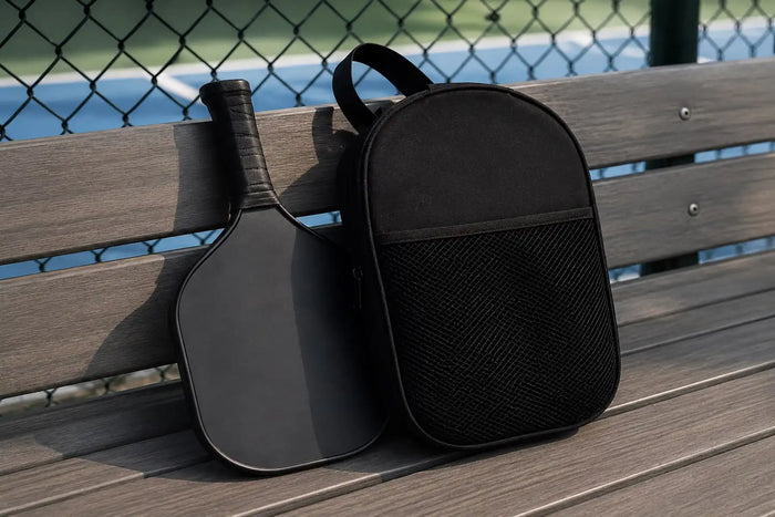 Raquette de pickleball noire posée sur un banc avec une housse et un sac de transport noirs à côté d'un terrain de pickleball.