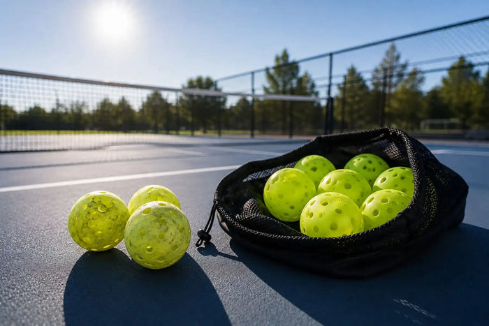 Balles de pickleball rangées dans un sac avec quelques balles légèrement usées sur un terrain ensoleillé.