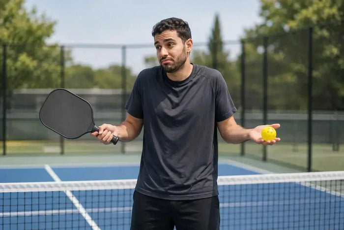 Homme débutant découvrant le pickleball sur un terrain extérieur avec une raquette et une balle en main