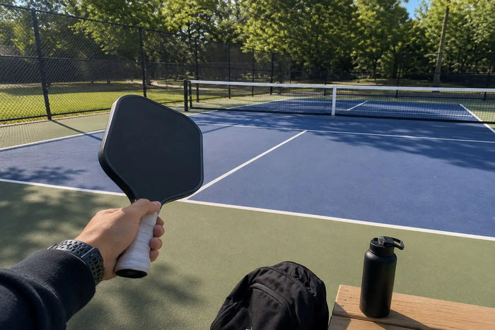 Raquette de pickleball tenue à la main sur un terrain extérieur ensoleillé avant un entraînement de pickleball.