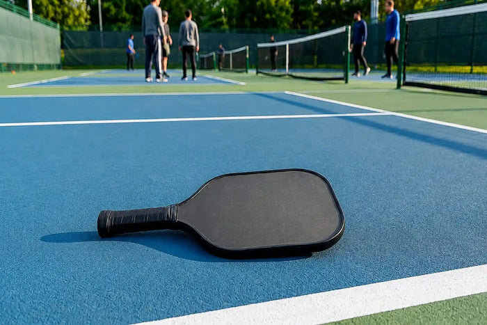 Raquette de pickleball posée sur un terrain extérieur avec joueurs flous en arrière-plan lors d’une partie de pickleball
