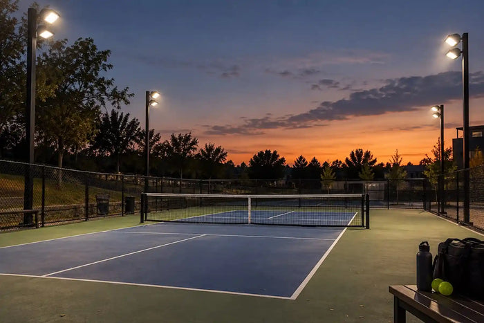 Éclairage d’un terrain de pickleball en soirée avec projecteurs LED