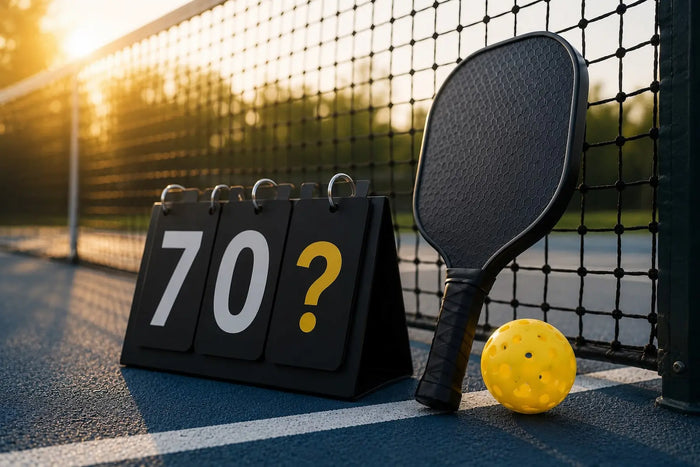 Raquette de pickleball à côté d'un panneau affichant « 70 ? » sur un terrain, illustrant la question de savoir si l'on est trop vieux à 70 ans pour jouer au pickleball.