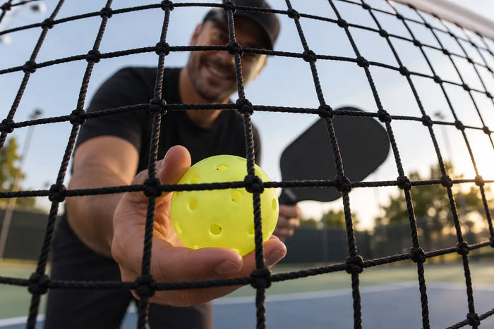 Joueur installant un filet de pickleball portable sur un terrain