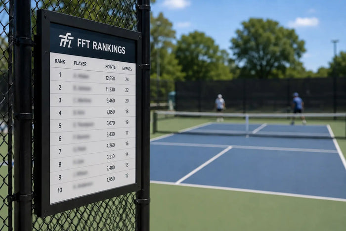 Tableau de classement FFT avec noms floutés devant un terrain de pickleball