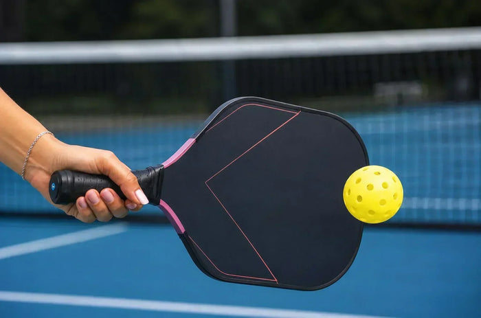 Main féminine tenant une raquette de pickleball noire en train de frapper une balle jaune près du filet sur un terrain extérieur