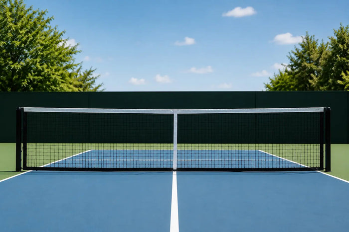Filet de pickleball installé sur un terrain extérieur, vu de face, illustrant la hauteur réglementaire du filet.
