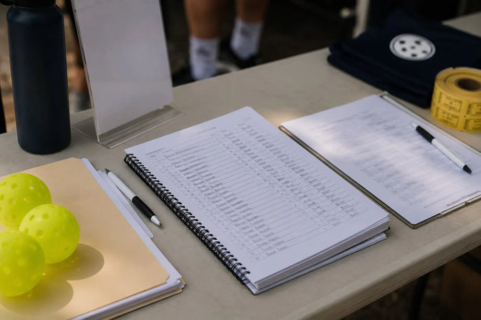 Table d'inscription à un tournoi de pickleball en France avec feuilles d'émargement, stylos et matériel de pickleball.