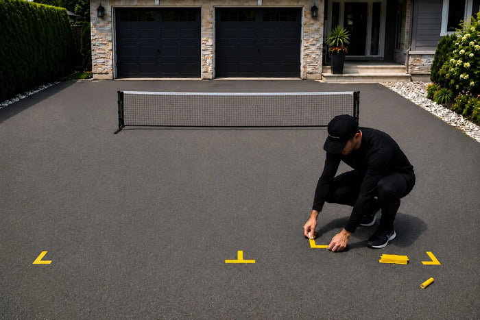 Homme installant un kit de marquage temporaire pour terrain de pickleball sur une allée résidentielle avec filet portable