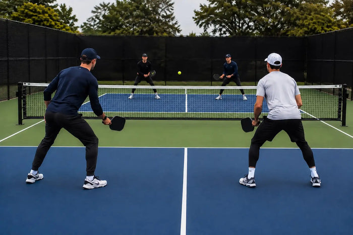 Deux joueurs de pickleball en double, dont un partenaire gaucher, face à deux adversaires sur un terrain extérieur.