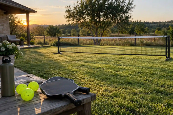 Filet et raquettes de pickleball installés sur un terrain en gazon naturel