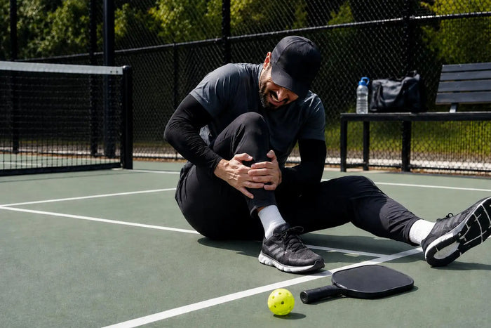 Joueur de pickleball blessé au genou assis sur un terrain extérieur après un échange, avec raquette et balle au sol.