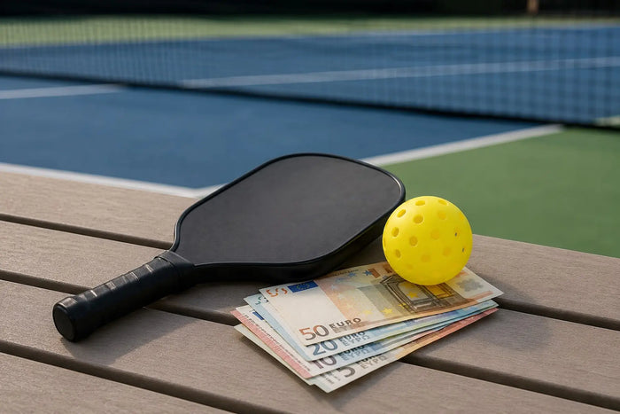 Raquette et balle de pickleball posées à côté de billets en euros sur un terrain.