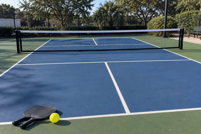 Terrain de pickleball extérieur avec revêtement bleu, filet, raquettes et balle.