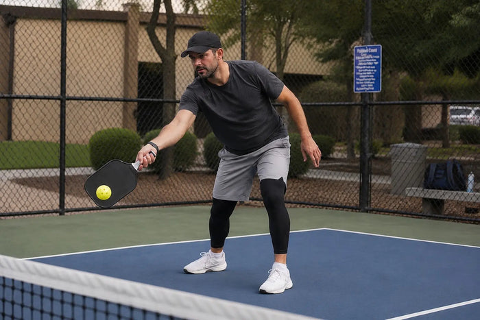 Homme débutant jouant au pickleball sur un terrain extérieur