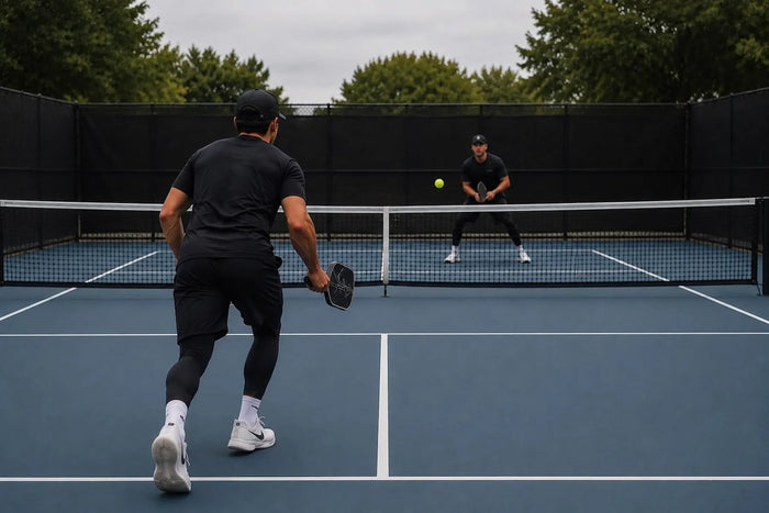 Deux joueurs de pickleball en plein échange, l'un effectuant sa transition à travers le no man's land vers la kitchen, illustrant la montée au filet avec une posture dynamique et réaliste.