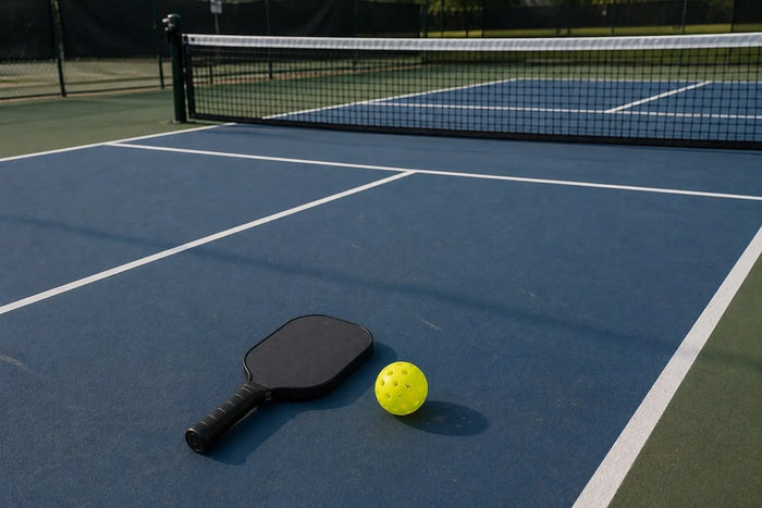 Raquette et balle de pickleball posées sur un véritable terrain de pickleball extérieur illustrant les nouvelles règles du jeu.
