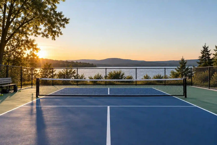 Terrain de pickleball extérieur orienté face à la lumière naturelle du soleil.